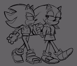 Size: 2805x2426 | Tagged: safe, artist:mykell cube, shadow the hedgehog, sonic the hedgehog, hedgehog, arms behind back, au:girl (mykell cube), dress, duo, eyelashes, gender swap, grey background, greyscale, jacket, lidded eyes, looking at each other, looking at them, monochrome, mouth open, pants, pointing, shadow x sonic, shipping, simple background, smile, standing, tank top, trans female, transgender, walking
