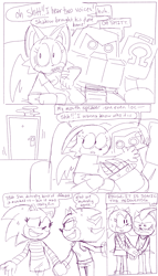 Size: 2135x3742 | Tagged: safe, artist:mykell cube, e-123 omega, rouge the bat, shadow the hedgehog, sonic the hedgehog, bat, hedgehog, alternate outfit, au:girl (mykell cube), blushing, clenched teeth, comic, couch, covering another's mouth, dialogue, door, eyelashes, gender swap, group, holding hands, indoors, monochrome, mouth open, one fang, pants, robot, shadow x sonic, shipping, shirt, shorts, simple background, sitting, sketch, skirt, speech bubble, standing, sweat, team dark, trans female, transgender, white background