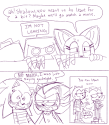 Size: 1526x1747 | Tagged: safe, artist:mykell cube, e-123 omega, rouge the bat, shadow the hedgehog, sonic the hedgehog, bat, hedgehog, annoyed, arms folded, au:girl (mykell cube), blushing, comic, dialogue, gender swap, group, lidded eyes, monochrome, mouth open, robot, shadow x sonic, shipping, simple background, sketch, speech bubble, standing, sweat, team dark, thought bubble, trans female, transgender, white background