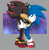 Size: 1843x1882 | Tagged: dead source, safe, artist:mykell cube, shadow the hedgehog, sonic the hedgehog, hedgehog, abstract background, chromatic aberration, duo, eyes closed, frown, gay, hand on another's face, hugging, lidded eyes, shadow x sonic, shipping, signature, standing, star (sky)