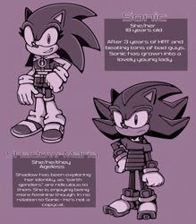 Size: 899x1024 | Tagged: safe, artist:mykell cube, shadow the hedgehog, sonic the hedgehog, hedgehog, au:girl (mykell cube), character name, duo, english text, featured image, frown, gender swap, grin, hand on hip, looking at viewer, monochrome, shorts, simple background, skirt, smile, standing, text, trans female, transgender