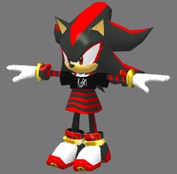 Size: 1836x1804 | Tagged: safe, artist:mykell cube, shadow the hedgehog, hedgehog, 3d, au:girl (mykell cube), fishnets, gender swap, grey background, nonbinary, shirt, simple background, skirt, solo, standing, t-pose