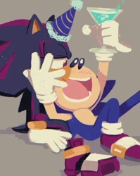 Size: 817x1024 | Tagged: safe, artist:mykell cube, shadow the hedgehog, sonic the hedgehog, hedgehog, arm up, blushing, cocktail glass, duo, gay, glass, grey background, hand on another's face, holding something, lidded eyes, lying down, mouth open, party hat, shadow x sonic, shipping, simple background, sitting, smile