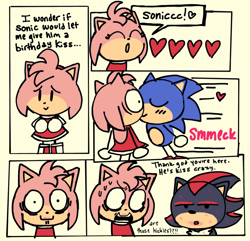 Size: 2122x2048 | Tagged: safe, artist:mykell cube, amy rose, shadow the hedgehog, sonic the hedgehog, hedgehog, amy x sonic, amy's halterneck dress, comic, dialogue, eyes closed, gay, heart, kiss, mouth open, panels, shadow x sonic, shipping, simple background, smile, sonic the sketchog style, speech bubble, standing, straight, sweat, trio, yellow background