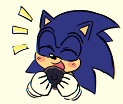 Size: 1506x1270 | Tagged: safe, artist:mykell cube, sonic the hedgehog, hedgehog, blushing, cute, donut, eyes closed, food, happy, holding something, mouth open, simple background, smile, solo, sonabetes, yellow background