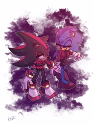 Size: 1549x2048 | Tagged: safe, artist:ryan rudnick, shadow the hedgehog, sonic the hedgehog, hedgehog, abstract background, au:girl (mykell cube), clenched fist, dress, duo, eyes closed, high heels, holding hands, jacket, looking at them, pants, shadow x sonic, shipping, shirt, signature, smile, walking