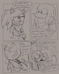Size: 821x1024 | Tagged: safe, artist:mykell cube, knuckles the echidna, sonic the hedgehog, echidna, hedgehog, bandana, blushing, comic, dialogue, duo, gay, grey background, greyscale, grin, knuxonic, monochrome, mouth open, panels, shipping, simple background, sketch, smile, sonic boom (tv), sweat