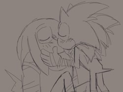 Size: 1024x772 | Tagged: safe, artist:mykell cube, knuckles the echidna, sonic the hedgehog, echidna, hedgehog, blushing, duo, eyes closed, gay, grey background, hand on another's face, kiss, knuxonic, monochrome, shipping, simple background, sitting, sketch, sonic boom (tv), standing