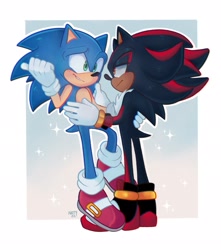 Size: 1809x2048 | Tagged: safe, artist:spagoniia, shadow the hedgehog, sonic the hedgehog, hedgehog, abstract background, blushing, border, duo, gay, gradient background, hand on another's back, lidded eyes, looking at each other, looking at them, pointing, shadow x sonic, shipping, signature, sparkles, standing, white border