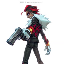 Size: 1500x1501 | Tagged: safe, artist:keysandcrosses, shadow the hedgehog, human, black arms symbol, clenched teeth, gun, holding something, humanized, jacket, looking at viewer, looking back, pants, simple background, solo, standing, weapon, white background