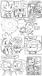 Size: 1138x2047 | Tagged: safe, artist:mykell cube, shadow the hedgehog, silver the hedgehog, sonic the hedgehog, hedgehog, backpack, black and white, blushing, comic, dialogue, eyes closed, gay, grin, hand on another's shoulder, jumping, looking at each other, looking at them, monochrome, mouth open, one eye closed, portal, shadow x sonic, shipping, simple background, smile, speech bubble, standing, sweat, trio, white background, wink