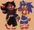 Size: 2199x1916 | Tagged: safe, artist:mykell cube, shadow the hedgehog, sonic the hedgehog, human, belt, duo, earring, frown, gender swap, grin, humanized, jacket, midriff, pants, pointing, pointing down, shirt, simple background, smile, standing, sunglasses, yellow background