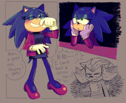 Size: 2452x1998 | Tagged: safe, artist:mykell cube, shadow the hedgehog, sonic the hedgehog, hedgehog, au:girl (mykell cube), blushing, clenched teeth, crush, dialogue, dress, duo, eyes closed, gender swap, grin, hands on own face, high heels, jacket, laughing, mouth open, shadow x sonic, shipping, shirt, smile, speech bubble, standing, sweat, tears, trans female, transgender