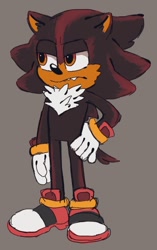 Size: 642x1024 | Tagged: safe, artist:mykell cube, shadow the hedgehog, hedgehog, sonic the hedgehog (2020), fangs, frown, grey background, hand on hip, lidded eyes, looking offscreen, redesign, simple background, solo, standing