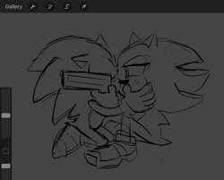 Size: 1524x1227 | Tagged: safe, artist:mykell cube, shadow the hedgehog, sonic the hedgehog, hedgehog, blushing, eyes closed, gay, greyscale, gun, hand on another's face, holding something, kiss, kneeling, lidded eyes, monochrome, shadow x sonic, shipping, sitting, sketch, weapon