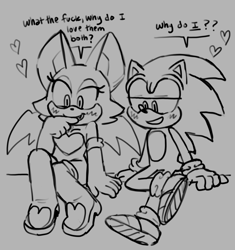 Size: 1929x2048 | Tagged: safe, artist:mykell cube, rouge the bat, sonic the hedgehog, bat, hedgehog, blushing, dialogue, duo, grey background, greyscale, heart, lidded eyes, monochrome, one fang, rouge's heart top, simple background, sitting, sketch, smile