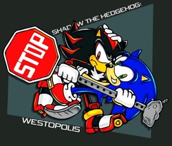 Size: 1024x867 | Tagged: safe, artist:mykell cube, shadow the hedgehog, sonic the hedgehog, hedgehog, abstract background, alternate version, carrying them, character name, duo, frown, gay, grin, hand on another's head, holding something, looking at viewer, running, shadow the hedgehog (video game), shadow x sonic, shipping, sign, signature, smile, stop sign, uekawa style