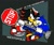 Size: 1024x867 | Tagged: safe, artist:mykell cube, shadow the hedgehog, sonic the hedgehog, hedgehog, abstract background, alternate version, carrying them, character name, duo, frown, gay, grin, hand on another's head, holding something, looking at viewer, running, shadow the hedgehog (video game), shadow x sonic, shipping, sign, signature, smile, stop sign, uekawa style