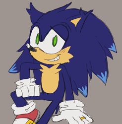 Size: 1009x1024 | Tagged: safe, artist:mykell cube, sonic the hedgehog, hedgehog, aged up, alternate universe, grey background, grin, looking at viewer, ring (jewelry), simple background, sitting, smile, solo