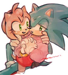 Size: 1415x1557 | Tagged: safe, artist:pam3le, amy rose, sonic the hedgehog, hedgehog, amy x sonic, holding each other, holding hands, looking at them, shipping, simple background, straight, white background