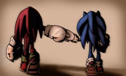 Size: 4096x2458 | Tagged: safe, artist:kurojay_, knuckles the echidna, sonic the hedgehog, echidna, hedgehog, duo, featured image, fistbump, from behind, simple background, treads