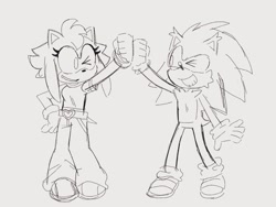Size: 1024x768 | Tagged: safe, artist:mykell cube, amy rose, sonic the hedgehog, hedgehog, aged up, alternate outfit, alternate universe, clenched fists, duo, fistbump, greyscale, grin, looking at each other, monochrome, pants, shirt, simple background, sketch, smile, standing, white background, wink