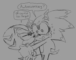 Size: 1024x807 | Tagged: safe, artist:mykell cube, shadow the hedgehog, sonic the hedgehog, hedgehog, blush, dialogue, duo, gay, grey background, greyscale, hug, lidded eyes, looking at them, monochrome, open mouth, shadow x sonic, shipping, simple background, sketch, speech bubble, standing, sweat