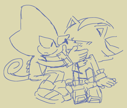 Size: 1653x1403 | Tagged: safe, artist:mykell cube, espio the chameleon, shadow the hedgehog, hedgehog, lizard, chameleon, duo, frown, gay, hand on another's face, lidded eyes, looking at each other, looking at them, shadpio, shipping, simple background, sitting, sketch, yellow background