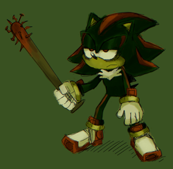 Size: 1859x1818 | Tagged: semi-grimdark, artist:mykell cube, shadow the hedgehog, hedgehog, baseball bat, blood, frown, green background, holding something, lidded eyes, nail, nail bat, simple background, solo, standing, weapon