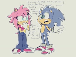 Size: 1024x768 | Tagged: safe, artist:mykell cube, amy rose, sonic the hedgehog, hedgehog, aged up, alternate outfit, alternate universe, dialogue, duo, hand on own chin, hand on own head, hand up, implied shipping, looking at each other, looking at them, open mouth, pants, shirt, simple background, speech bubble, sweat, white background