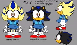 Size: 2048x1208 | Tagged: safe, artist:mykell cube, oc, oc:maria the hedgehog, hedgehog, alternate universe, character sheet, child, fankid, grey background, looking at viewer, magical gay spawn, oc only, parent:shadow, parent:sonic, parents:sonadow, side view, simple background, smile, solo, standing, text