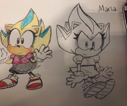 Size: 2047x1715 | Tagged: safe, artist:mykell cube, oc, oc:maria the hedgehog, hedgehog, character name, child, fankid, hands up, magical gay spawn, oc only, parent:shadow, parent:sonic, parents:sonadow, simple background, smile, solo, standing, traditional media, white background