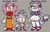 Size: 2048x1302 | Tagged: safe, artist:mykell cube, amy rose, blaze the cat, oc, oc:ember the sol prince, cat, hedgehog, hybrid, aged up, alternate outfit, amy x blaze, character name, child, family, fankid, grey background, looking at viewer, magical lesbian spawn, midriff, mother and son, open mouth, pants, parent:amy, parent:blaze, parents:blazamy, shirt, simple background, smile, standing, text, trio