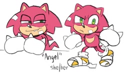 Size: 1024x611 | Tagged: safe, artist:mykell cube, oc, oc:angel the hedgehog, hedgehog, character name, child, fangs, oc only, parent:knuckles, parent:sonic, parents:knuxonic, simple background, smile, solo, standing, white background