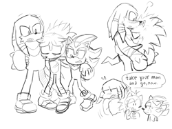 Size: 2732x2048 | Tagged: safe, artist:mykell cube, knuckles the echidna, shadow the hedgehog, sonic the hedgehog, echidna, hedgehog, blushing, dialogue, eyes closed, frown, gay, greyscale, grin, hand on another's shoulder, hug, knuxonic, looking at each other, looking at them, monochrome, shadow x sonic, shipping, simple background, sketch, smile, speech bubble, standing, trio, white background