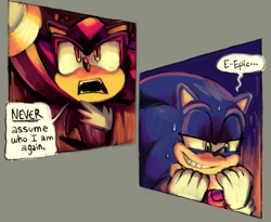 Size: 2059x1687 | Tagged: safe, artist:mykell cube, shadow the hedgehog, sonic the hedgehog, hedgehog, arm up, comic, dialogue, duo, grey background, grin, lidded eyes, open mouth, simple background, smile, sweat