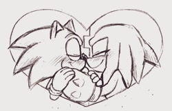 Size: 1024x661 | Tagged: safe, artist:mykell cube, knuckles the echidna, sonic the hedgehog, echidna, hedgehog, blush, duo, eyes closed, gay, greyscale, heart, knuxonic, monochrome, shipping, simple background, smile, sonic the hedgehog 3, white background