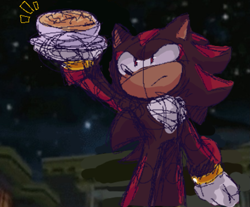Size: 855x709 | Tagged: safe, artist:larabar, shadow the hedgehog, hedgehog, sonic adventure 2, aggie (medium), clenched fist, frown, holding something, looking up, screenshot background, sketch, solo, standing