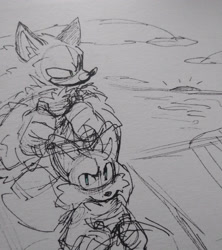 Size: 3072x3465 | Tagged: safe, artist:larabar, miles "tails" prower, sonic the hedgehog, sonic unleashed, airplane, comic, duo, grey background, greyscale, monochrome, simple background, sketch, traditional media, werehog