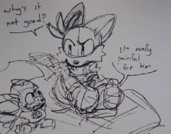 Size: 3941x3072 | Tagged: safe, artist:larabar, chip, miles "tails" prower, fox, sonic unleashed, dialogue, duo, grey background, greyscale, holding something, looking at each other, looking at them, monochrome, mouth open, simple background, sketch, speech bubble, traditional media, unknown species