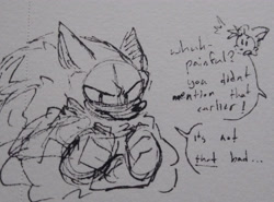 Size: 4096x3024 | Tagged: safe, artist:larabar, miles "tails" prower, sonic the hedgehog, sonic unleashed, clenched fists, comic, dialogue, duo, monochrome, simple background, sketch, solo focus, speech bubble, traditional media, werehog