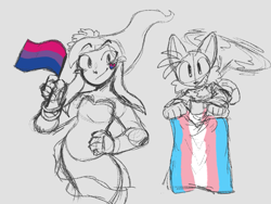 Size: 1121x842 | Tagged: safe, artist:larabar, lah, miles "tails" prower, fox, bisexual pride, duo, flag, flying, ghost, grey background, hand on hip, holding something, looking at viewer, pride, simple background, sketch, smile, sonic: night of the werehog, trans female, trans girl tails, trans pride
