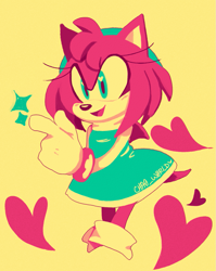 Size: 939x1178 | Tagged: safe, artist:cha0 world, amy rose, hedgehog, amy's halterneck dress, heart, limited palette, mouth open, signature, simple background, smile, solo, sparkles, standing, yellow background