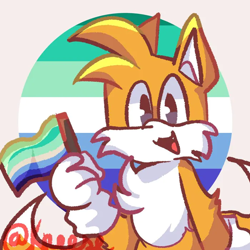 Size: 700x700 | Tagged: safe, artist:kreese_krease, miles "tails" prower, fox, abstract background, flag, gay pride, gloves, grey eyes, headcanon, holding something, looking at viewer, mlm pride, mouth open, pride, pride flag, pride flag background, solo