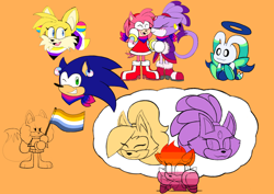 Size: 1840x1304 | Tagged: safe, artist:ar0rtiz229, amy rose, blaze the cat, miles "tails" prower, sonic the hedgehog, tangle the lemur, whisper the wolf, oc, chao, fox, hedgehog, amy x blaze, aro ace pride, bandana, bisexual pride, blushing, earring, eyes closed, flag, grin, group, headcanon, hero chao, holding something, kiss, lesbian, lesbian pride, looking at viewer, mlm pride, nonbinary pride, orange background, pansexual pride, pride, pride flag, shipping, simple background, sitting, smile, smiling, standing, tanglaze, tangle x whisper, thinking, thought bubble, trans boy sonic, trans female, trans male, trans pride, transgender, unknown oc, wall of tags, wink