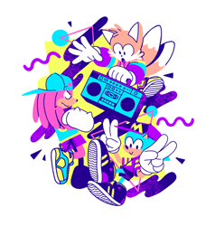 Size: 900x944 | Tagged: safe, artist:paperbeatsscissors, knuckles the echidna, miles "tails" prower, sonic the hedgehog, echidna, fox, hedgehog, alternate outfit, boombox, double v sign, eyes closed, hat, holding something, jacket, limited palette, looking at viewer, open mouth, shirt, shorts, simple background, standing, team sonic, trio, v sign, white background