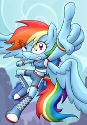 Size: 1400x2000 | Tagged: safe, artist:terrichance, flying, grin, mobianified, my little pony, pegasus, pointing, posing, rainbow dash, solo