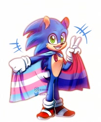 Size: 576x698 | Tagged: safe, artist:draw_ju, sonic the hedgehog, hedgehog, sonic the hedgehog (2020), bisexual pride, cape, child, clenched teeth, gloves, headcanon, holding something, looking at viewer, male, pride, shoes, simple background, smile, socks, solo, standing, trans boy sonic, trans male, trans pride, transgender, v sign, white background