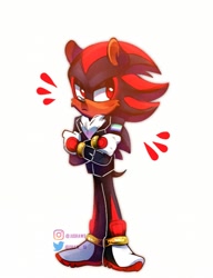 Size: 536x698 | Tagged: safe, artist:draw_ju, shadow the hedgehog, hedgehog, arms folded, blushing, frown, gay pride, gloves, jacket, looking offscreen, mlm pride, movie style, pride, shoes, simple background, solo, standing, white background