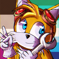 Size: 512x512 | Tagged: safe, artist:orcatheartist, miles "tails" prower, fox, abstract background, asexual pride, boom style, gay pride, gloves, goggles, headcanon, holding something, icon, looking offscreen, mlm pride, pride flag background, smile, solo, sonic boom (tv), spanner, v sign